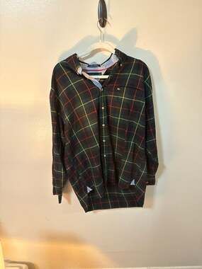 Tommy Hilfiger Men's Large Green and Navy Blue Plaid Button Down Shirt